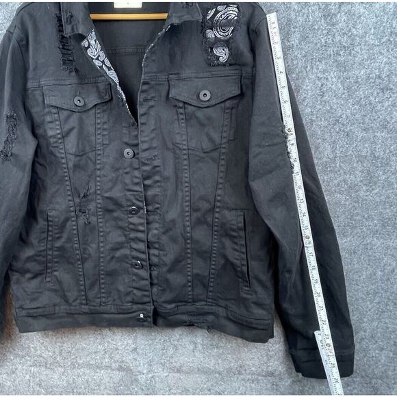 KDNK Denim Jacket Mens Extra Large Black Ripped Thrashed Paisley Grunge Rocker - Picture 7 of 7